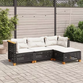   4 részes fekete polyrattan kerti ülőgarnitúra párnákkal
