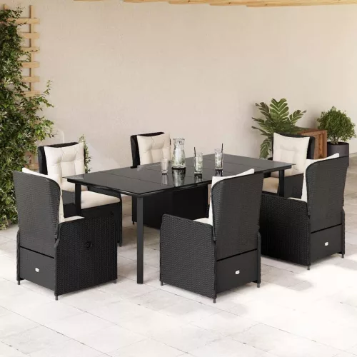 7 részes fekete polyrattan kerti étkezőgarnitúra párnával