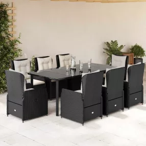   9 részes fekete polyrattan kerti étkezőgarnitúra párnákkal