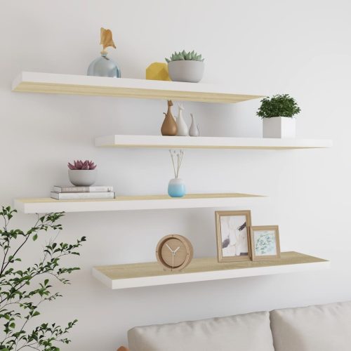 4 db fehér-tölgyszínű MDF lebegő fali polc 90 x 23,5 x 3,8 cm