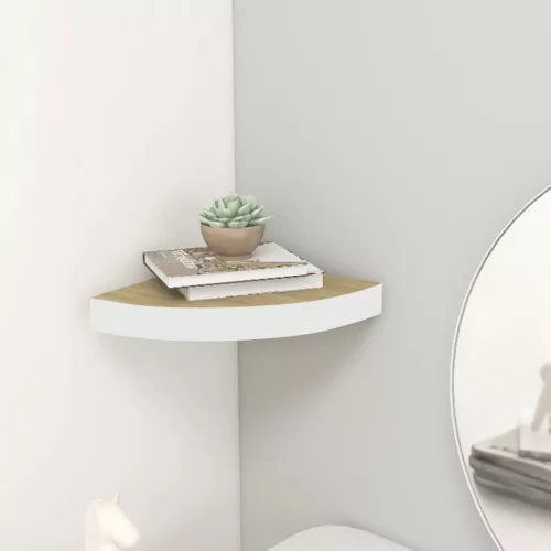 tölgyszínű és fehér MDF fali sarokpolc 35 x 35 x 3,8 cm