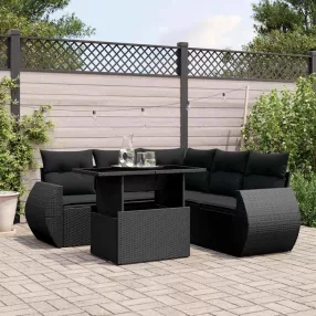   6 részes fekete polyrattan kerti ülőgarnitúra párnákkal