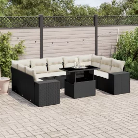   10 részes fekete polyrattan kerti ülőgarnitúra párnákkal
