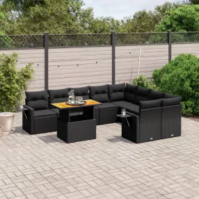   10 részes fekete polyrattan kerti ülőgarnitúra párnákkal