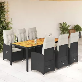   7 részes fekete polyrattan kerti bisztrógarnitúra párnákkal