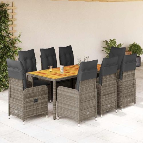 9 részes szürke polyrattan kerti bisztrógarnitúra párnákkal