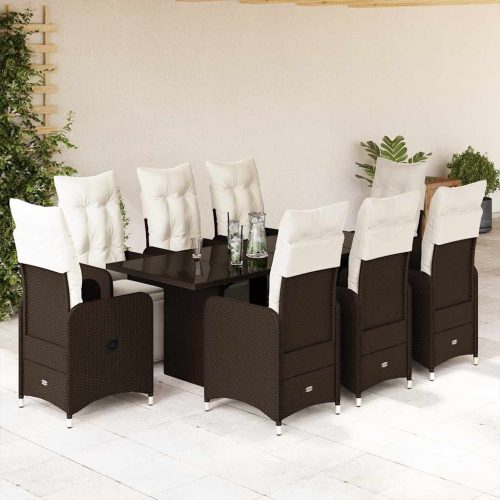 9 részes barna polyrattan kerti bisztrógarnitúra párnákkal