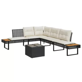   2 részes fekete polyrattan és üveg kerti kanapészett párnákkal