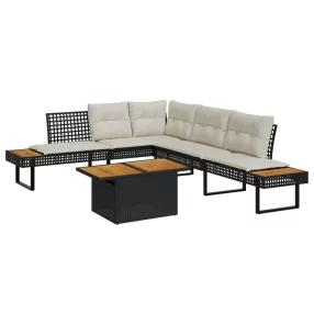   2 részes fekete polyrattan/akácfa kerti kanapészett párnákkal
