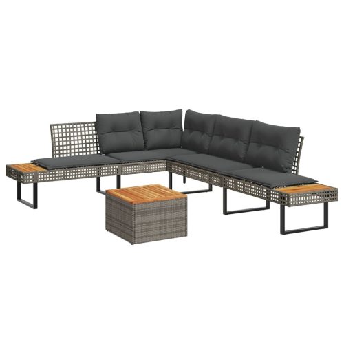 2 részes szürke polyrattan/akácfa kerti kanapészett párnákkal