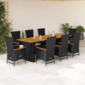  9 részes fekete polyrattan kerti étkezőgarnitúra párnákkal