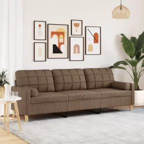 3 személyes barna szövet kanapé díszpárnákkal 210 cm