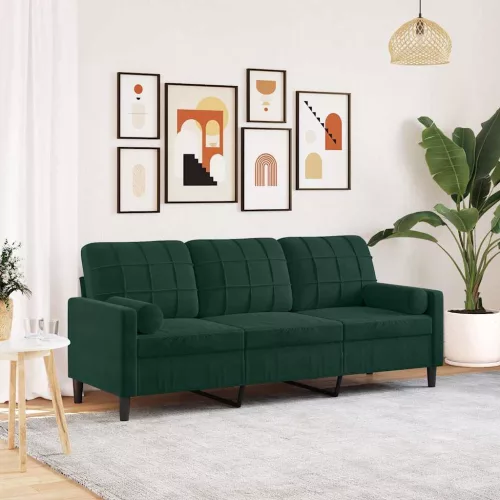 3 személyes sötétszürke bársony kanapé díszpárnákkal 180 cm