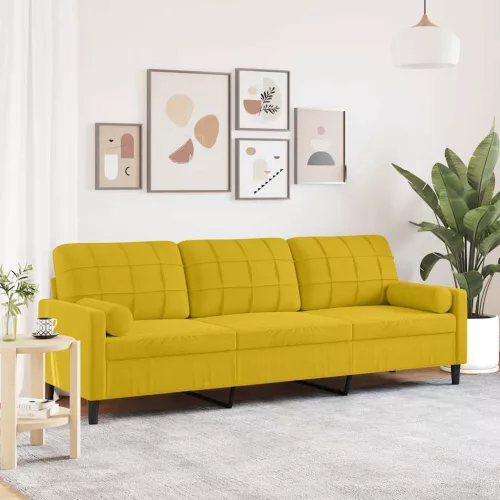 3 személyes sárga bársony kanapé díszpárnákkal 210 cm