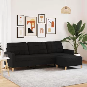 3 személyes fekete szövet kanapé lábtartóval 210 cm
