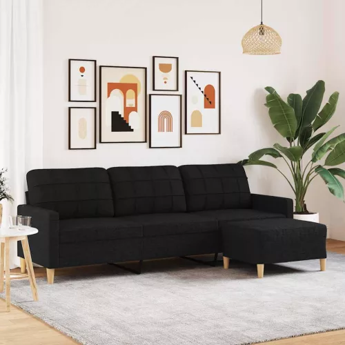3 személyes fekete szövet kanapé lábtartóval 210 cm