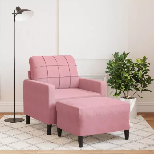 Rózsaszín bársony kanapéfotel lábtartóval 60 cm