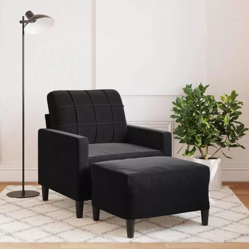 Fekete bársony kanapéfotel lábtartóval 60 cm