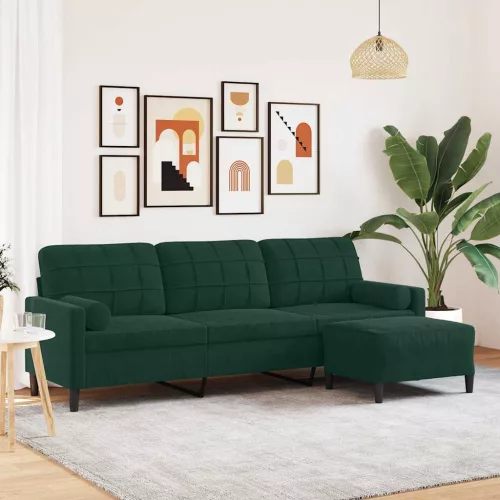 3 személyes sötétzöld bársony kanapé lábtartóval 210 cm