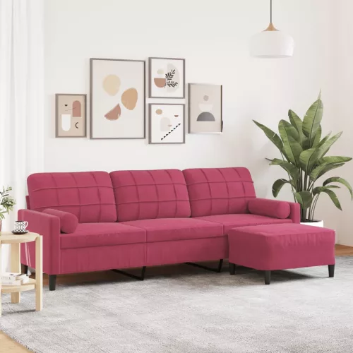 3 személyes bordó bársonykanapé lábtartóval 210 cm