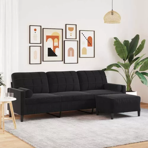 3 személyes fekete bársony kanapé lábtartóval 210 cm