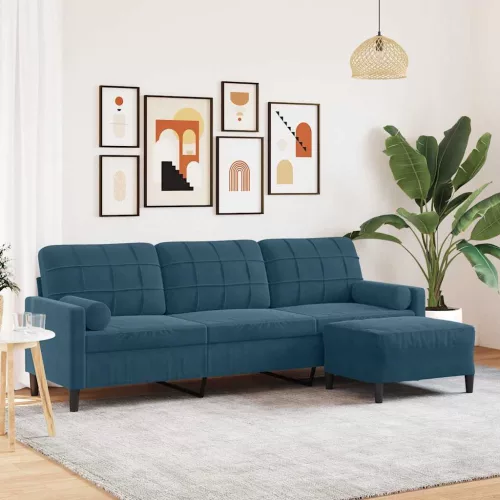 3 személyes kék bársonykanapé lábtartóval 210 cm