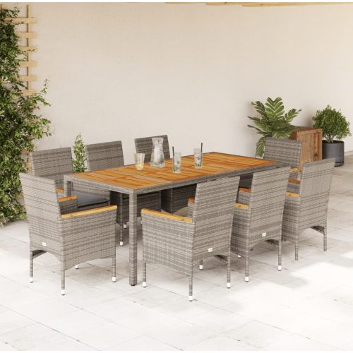 9részes szürke polyrattan/akácfa kerti étkezőgarnitúra párnával