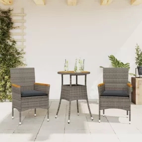   3részes szürke polyrattan/akácfa kerti étkezőgarnitúra párnával