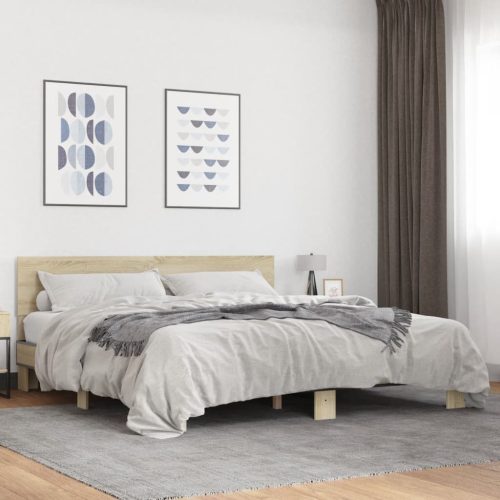 sonoma tölgyszínű szerelt fa és fém ágykeret 200 x 200 cm