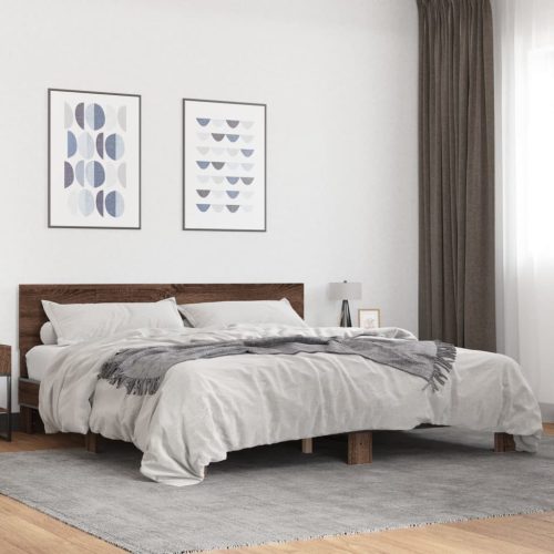 barna tölgyszínű szerelt fa és fém ágykeret 200 x 200 cm
