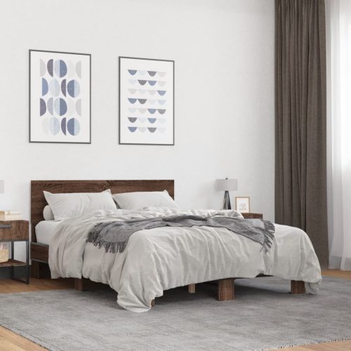 barna tölgyszínű szerelt fa és fém ágykeret 140 x 200 cm