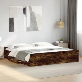   vidaXL füstös tölgy színű szerelt fa ágykeret fiókokkal 200 x 200 cm