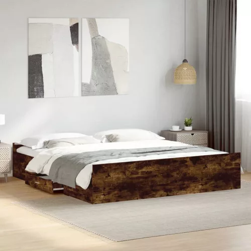 vidaXL füstös tölgy színű szerelt fa ágykeret fiókokkal 200 x 200 cm
