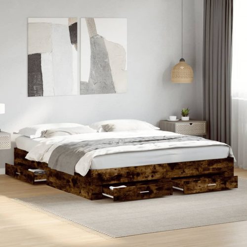 füstös tölgy színű szerelt fa ágykeret fiókokkal 200 x 200 cm