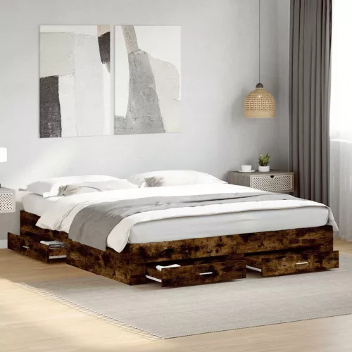 vidaXL füstös tölgy színű szerelt fa ágykeret fiókokkal 180 x 200 cm