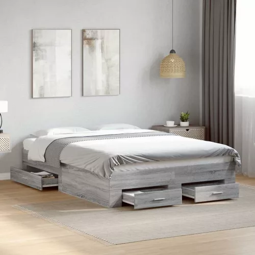 vidaXL szürke sonoma színű szerelt fa ágykeret fiókokkal 135 x 190 cm