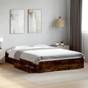   vidaXL füstös tölgy színű szerelt fa ágykeret fiókokkal 160 x 200 cm