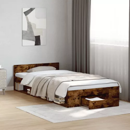 füstös tölgy színű szerelt fa ágykeret fiókkal 100 x 200 cm