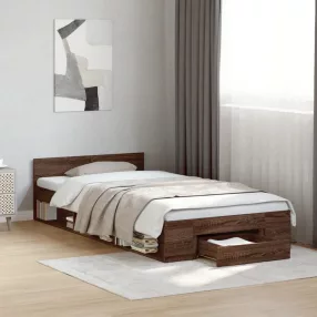   barna tölgyszínű szerelt fa ágykeret fiókkal 90 x 200 cm