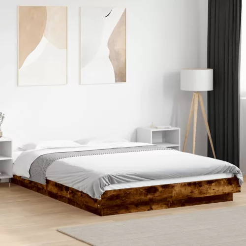füstös tölgyszínű szerelt fa ágykeret LED-del 120 x 200 cm