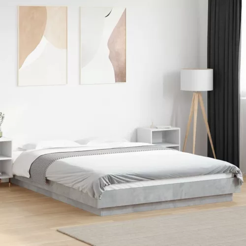 betonszürke szerelt fa ágykeret LED-del 135 x 190 cm