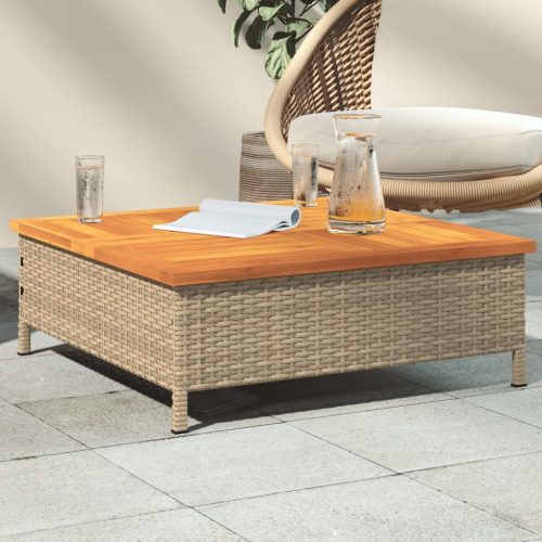  bézs polyrattan és akácfa kerti asztal 70 x 70 x 25 cm