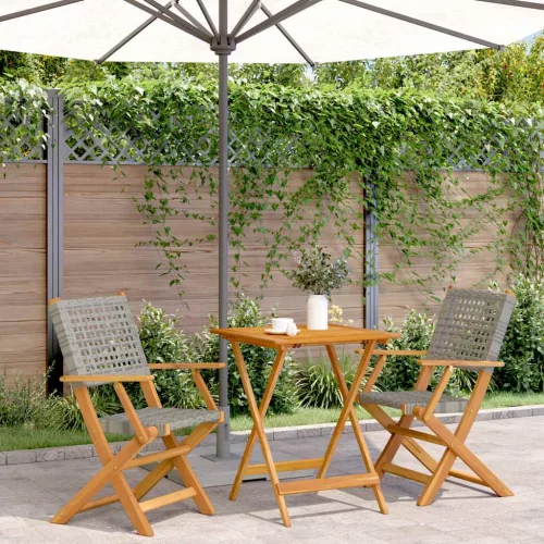 3 részes szürke polyrattan és tömör fa bisztrószett