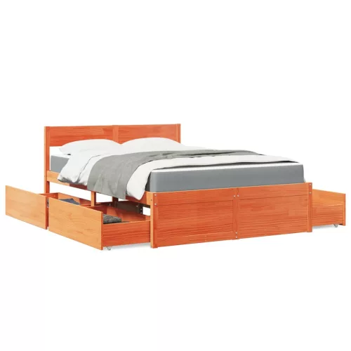 vidaXL viaszbarna tömör fenyőfa ágy fiókokkal és matraccal 120x190 cm