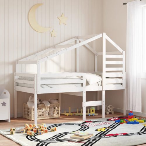 fehér tömör fenyőfa magasított ágy tetővel 90 x 200 cm