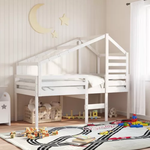 fehér tömör fenyőfa magasított ágy tetővel 90 x 200 cm