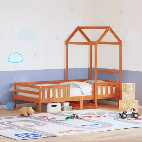 viaszbarna tömör fenyőfa ágykeret tetővel 100 x 200 cm