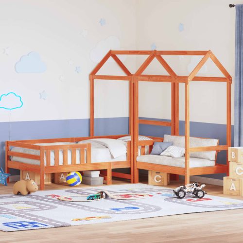 viaszbarna tömör fenyőfa ágy és pad szett tetővel 100 x 200 cm