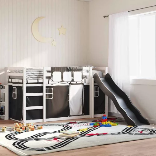 vidaXL fehér-fekete emeletes ágy csúszdával és függönnyel 90 x 200 cm