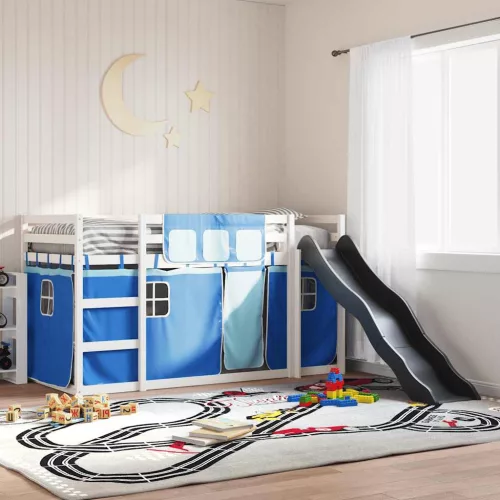 vidaXL kék emeletes ágy csúszdával és függönnyel 90 x 200 cm